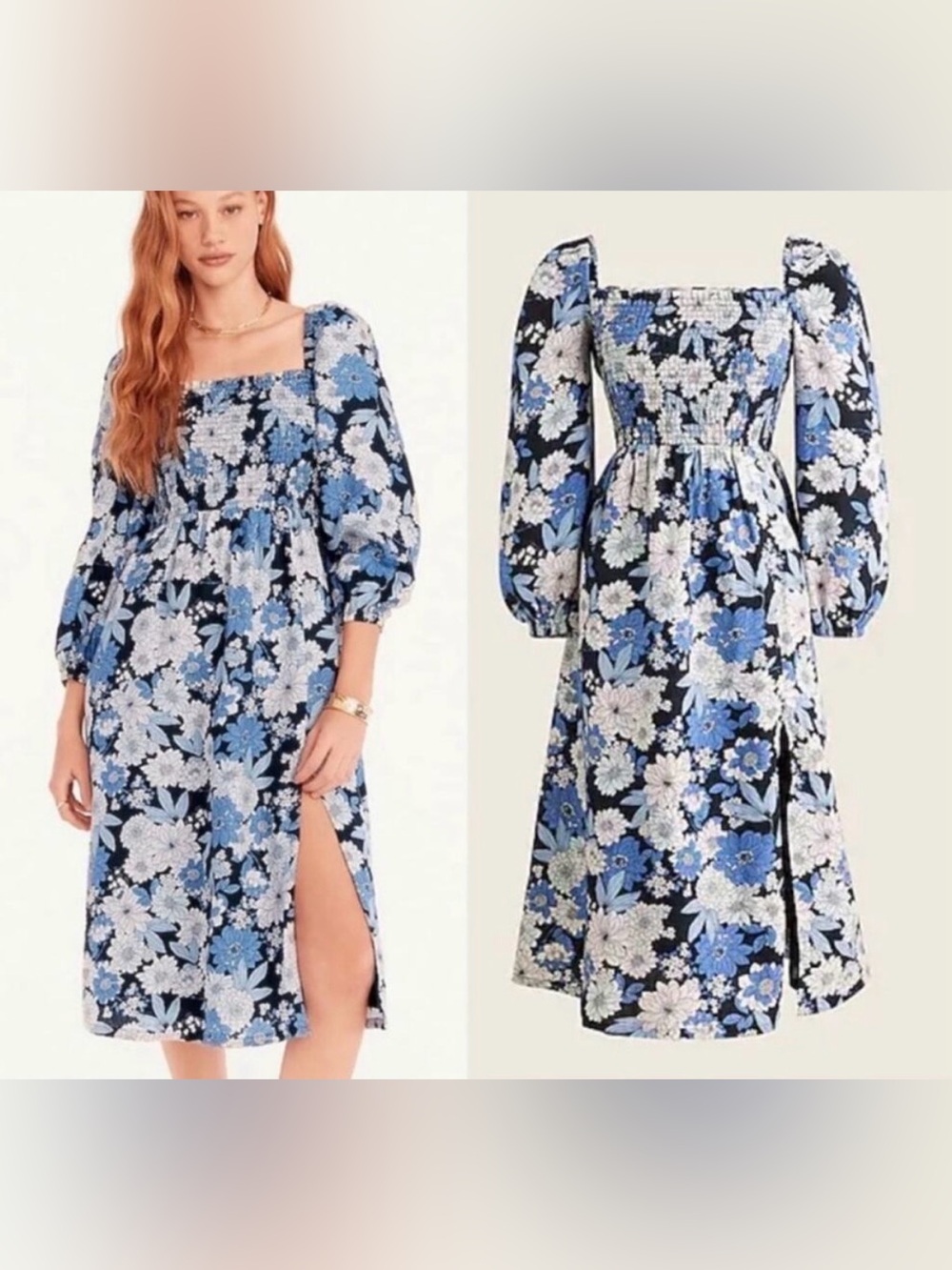 NWT J Crew Linen Daydream Midi Dress Side Slit in Navy Blue Zinnia Floral